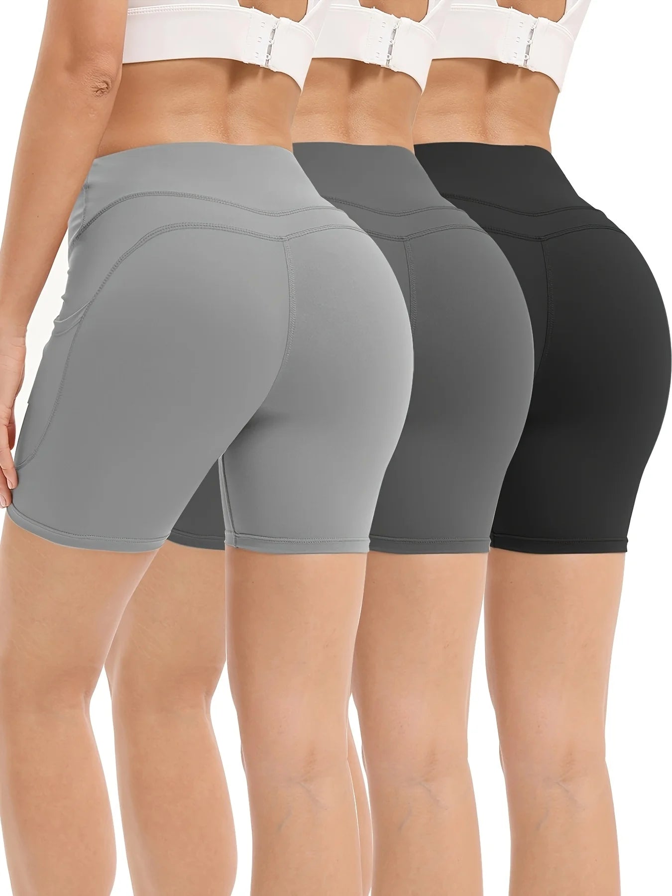3Pcs High Waist Tummy Control Biker Shorts with Pockets - Stretchy, Moisture-Wicking Yoga & Gym Shorts for Women in Gray
