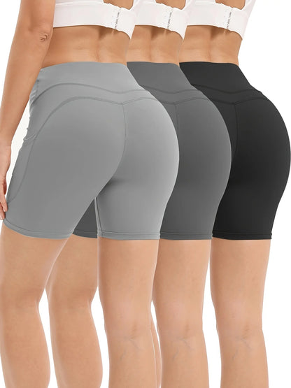 3Pcs High Waist Tummy Control Biker Shorts with Pockets - Stretchy, Moisture-Wicking Yoga & Gym Shorts for Women in Gray