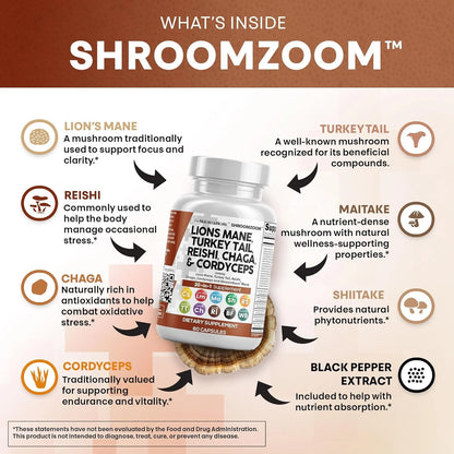 Lions Mane 3000Mg 20In1 Mushroom Supplement with Turkey Tail 2000Mg Reishi 1000Mg Cordyceps Chaga 1000Mg Maitake Meshima Poria Cocos Shiitake Oyster Porcini Enoki 60 Count