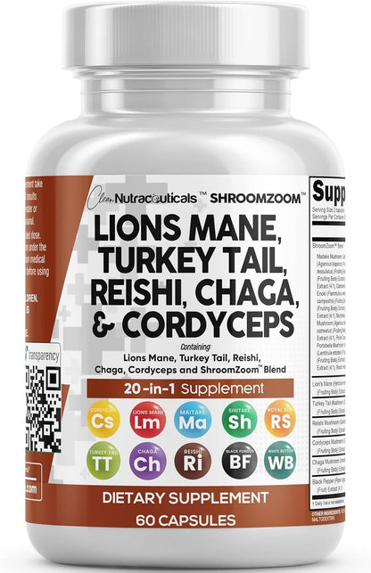 Lions Mane 3000Mg 20In1 Mushroom Supplement with Turkey Tail 2000Mg Reishi 1000Mg Cordyceps Chaga 1000Mg Maitake Meshima Poria Cocos Shiitake Oyster Porcini Enoki 60 Count