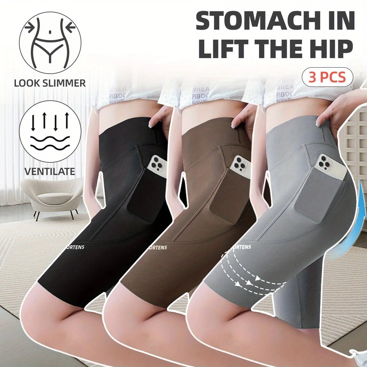 3PC Set Sports Wear Pockets High Waist Lifts Buttocks Lady Bubble Butt Yoga Pants Athletic Korea Jogging Scrunch Shorts
