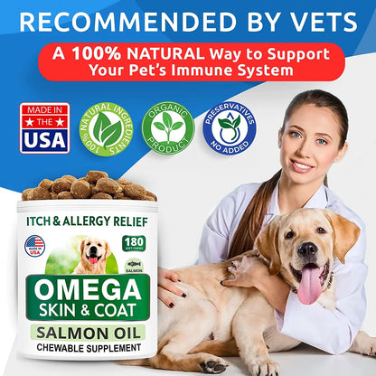Omega 3 for Dogs - 180 Fish Oil Treats for Dog Shedding, Skin Allergy, Itch Relief, Hot Spots Treatment - Joint Health - Skin and Coat Supplement - EPA & DHA Fatty Acids - Salmon Oil