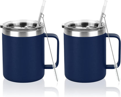 2 Pack Stainless Steel Coffee Mugs with Handle, 12Oz Insulated Coffee Mug, Double Wall Vacuum Insulated Camping Mug with Lid, Thermal Coffee Mug for Coffee, Tea, Hot and Cold Drinks (Navy Blue)