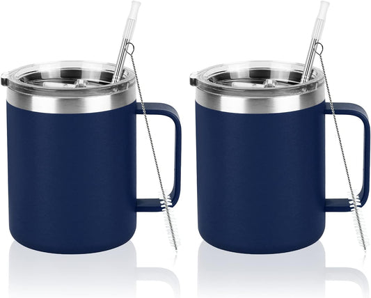 2 Pack Stainless Steel Coffee Mugs with Handle, 12Oz Insulated Coffee Mug, Double Wall Vacuum Insulated Camping Mug with Lid, Thermal Coffee Mug for Coffee, Tea, Hot and Cold Drinks (Navy Blue)