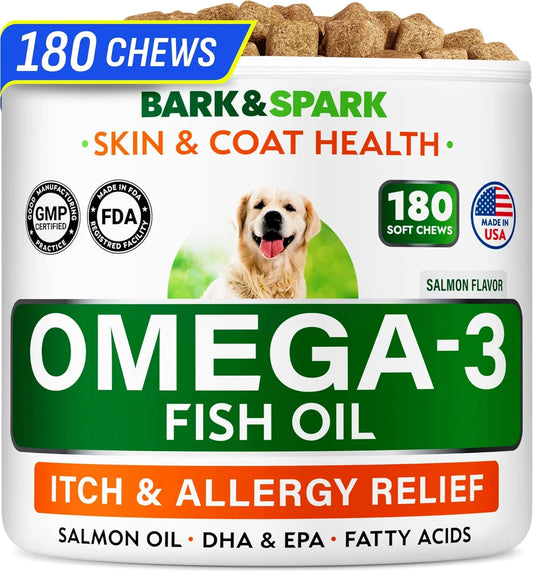 Omega 3 for Dogs - 180 Fish Oil Treats for Dog Shedding, Skin Allergy, Itch Relief, Hot Spots Treatment - Joint Health - Skin and Coat Supplement - EPA & DHA Fatty Acids - Salmon Oil