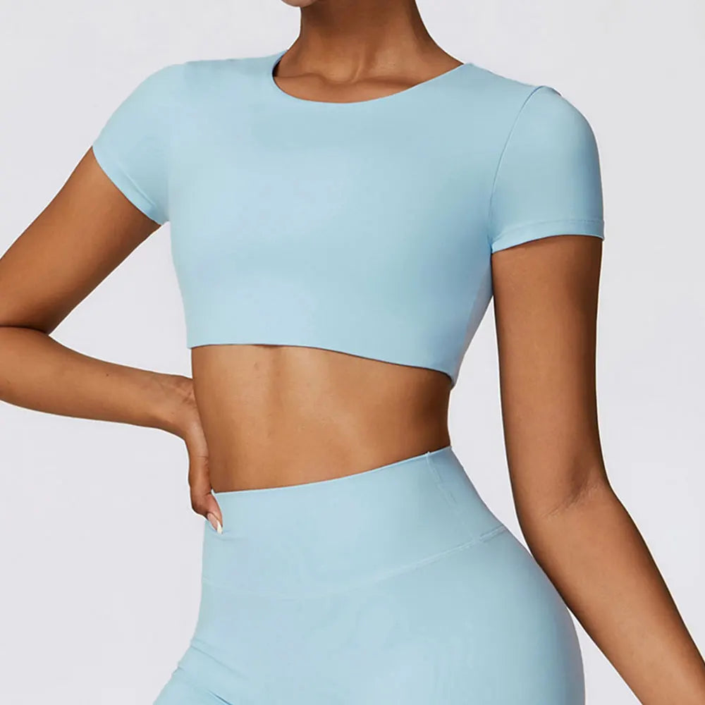 Woman Sports Top round Neck Yoga Crop Top Short Sleeve Top for Fitness Push up Workout T-Shirt Tops Gym Clothing Sportswear