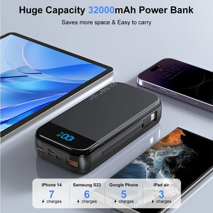 Portable Charger 32000Mah, QC 3.0 PD20W Smart LED Display Fast Charging Built in 2 Cables Power Bank