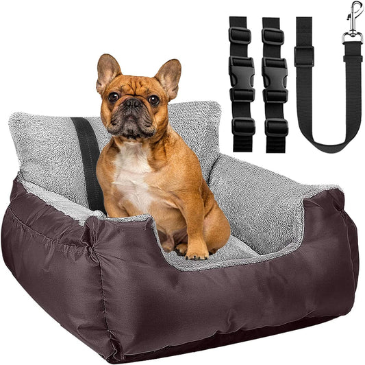 Dog Car Seat with Safety Belt, Washable Booster for Small Dogs, Anti-Slip Travel Bed for Front or Back Seat, Adjustable Buckle, Storage Pockets