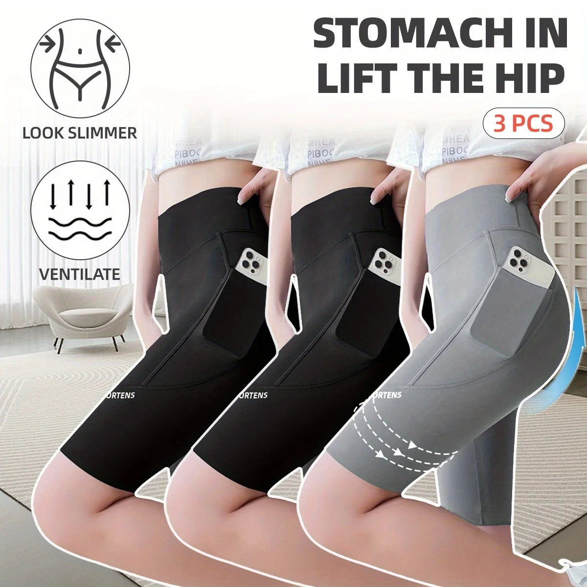 3PC Set Sports Wear Pockets High Waist Lifts Buttocks Lady Bubble Butt Yoga Pants Athletic Korea Jogging Scrunch Shorts