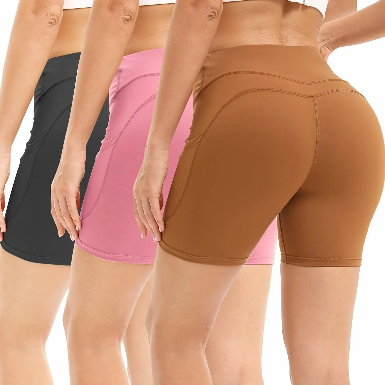 3Pcs High Waist Tummy Control Biker Shorts with Pockets - Stretchy, Moisture-Wicking Yoga & Gym Shorts for Women in Gray
