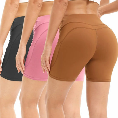 3Pcs High Waist Tummy Control Biker Shorts with Pockets - Stretchy, Moisture-Wicking Yoga & Gym Shorts for Women in Gray