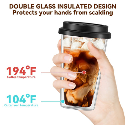 2 Piece 12Oz Double Glass Coffee Mugs with Silicone Lid,Drinking Insulated Coffee Cups with Lid,Clear,Dishwasher Safe Reusable
