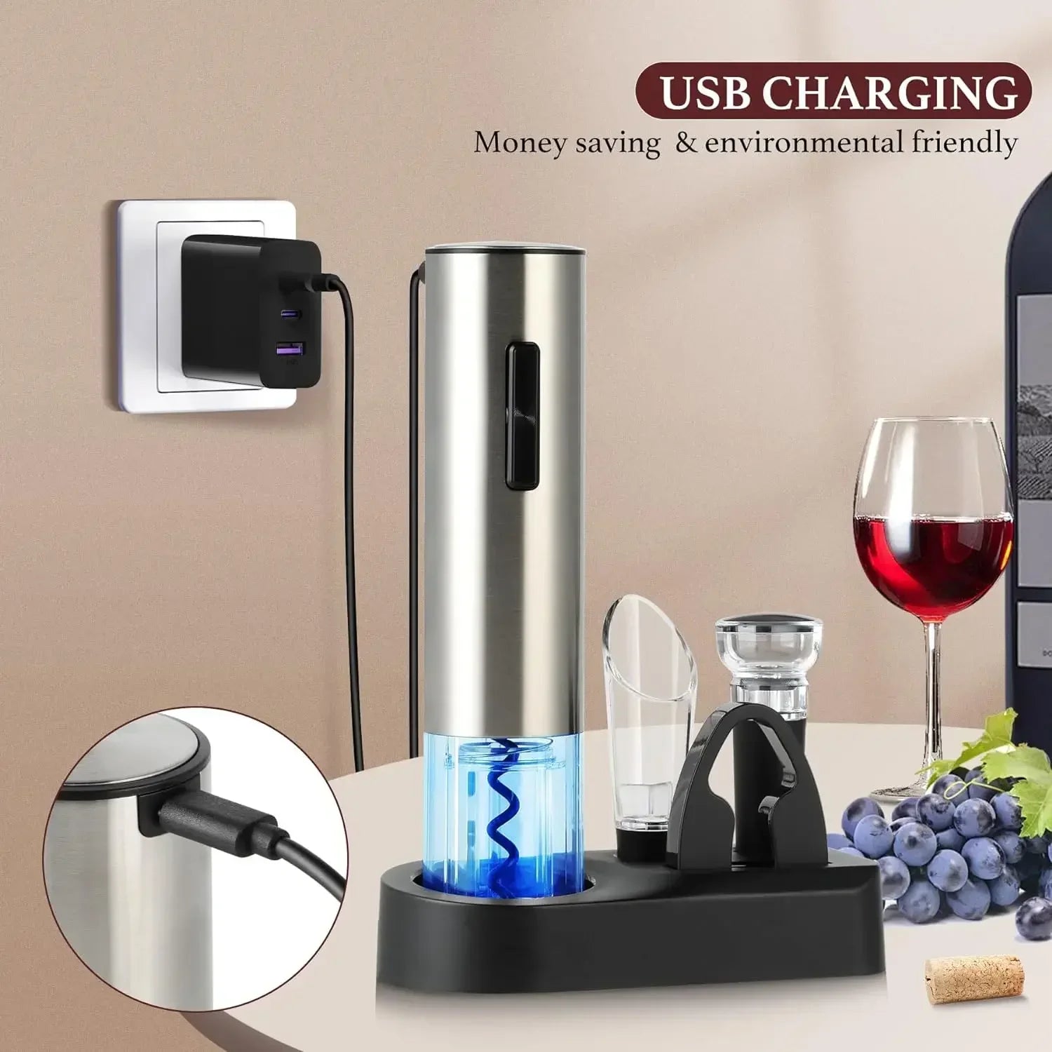 Electric Wine Opener Rechargeable Set, Automatic Electric Wine Opener with Stand with Foil Cutter, Pourer, Vacuum Stopper Nurse
