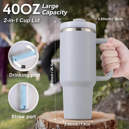 40 Oz Tumbler with Handle and Straw, Travel Mug for Car, 2-In-1 Lid Stainless Steel Tumblers