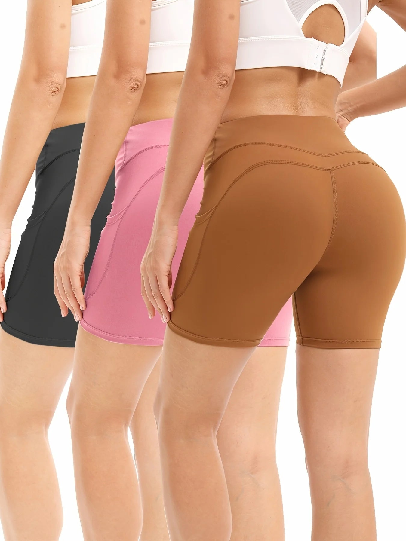 3Pcs High Waist Tummy Control Biker Shorts with Pockets - Stretchy, Moisture-Wicking Yoga & Gym Shorts for Women in Gray