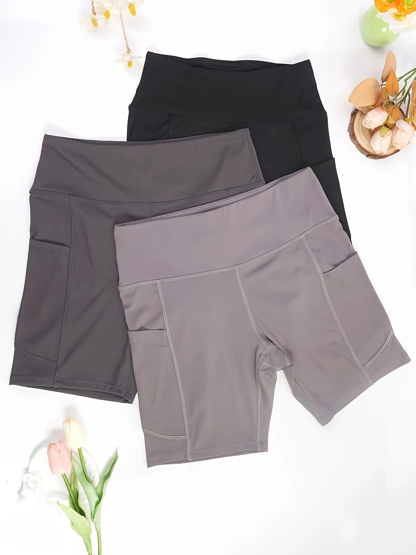 3Pcs High Waist Tummy Control Biker Shorts with Pockets - Stretchy, Moisture-Wicking Yoga & Gym Shorts for Women in Gray