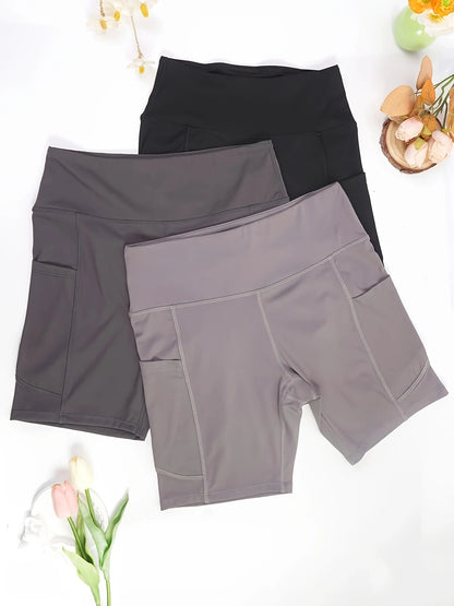 3Pcs High Waist Tummy Control Biker Shorts with Pockets - Stretchy, Moisture-Wicking Yoga & Gym Shorts for Women in Gray