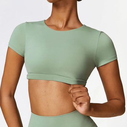 Woman Sports Top round Neck Yoga Crop Top Short Sleeve Top for Fitness Push up Workout T-Shirt Tops Gym Clothing Sportswear