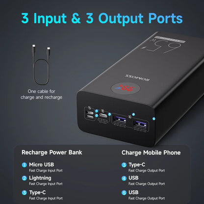 PEA40PRO Power Bank 40000Mah 65W Fast Charge USB C External Battery Portable Powerbank for Laptop Iphone 15 Xiaomi Huawei