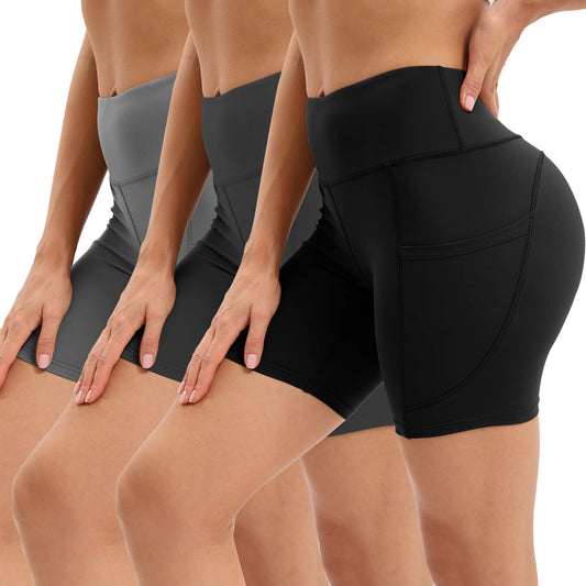 3Pcs High Waist Tummy Control Biker Shorts with Pockets - Stretchy, Moisture-Wicking Yoga & Gym Shorts for Women in Gray