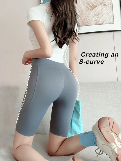 3PC Set Sports Wear Pockets High Waist Lifts Buttocks Lady Bubble Butt Yoga Pants Athletic Korea Jogging Scrunch Shorts