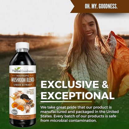 Mushroom Supplements Blends Liquid Extract with Reishi, Lion'S Mane, Chaga, Turkey Tails - Organic Lions Mane Nootropic Brain Supplements for Memory and Focus - 12Oz |