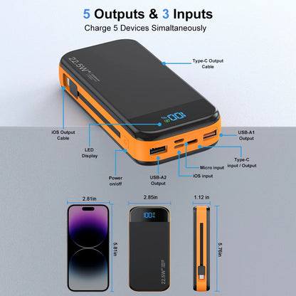 Portable Charger 32000Mah, QC 3.0 PD20W Smart LED Display Fast Charging Built in 2 Cables Power Bank