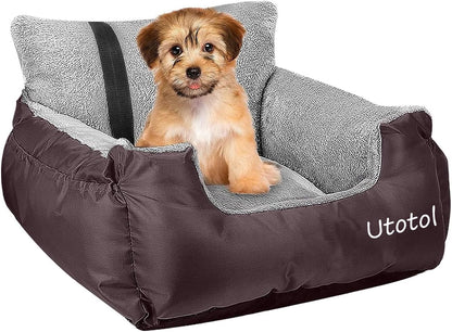 Dog Car Seat with Safety Belt, Washable Booster for Small Dogs, Anti-Slip Travel Bed for Front or Back Seat, Adjustable Buckle, Storage Pockets