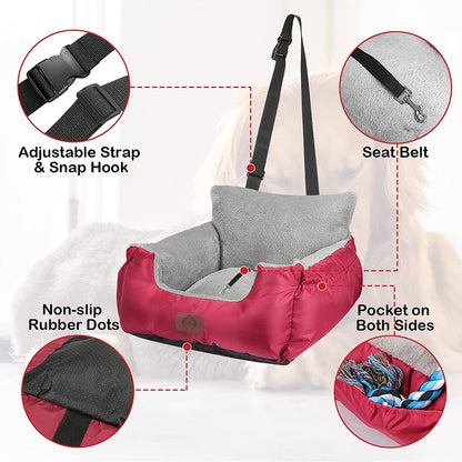 Dog Car Seat for Small Dogs - Warm Soft Washable Bed with Storage Pocket and Clip-On Safety Leash - Portable Travel Carrier Booster