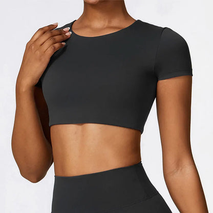 Woman Sports Top round Neck Yoga Crop Top Short Sleeve Top for Fitness Push up Workout T-Shirt Tops Gym Clothing Sportswear