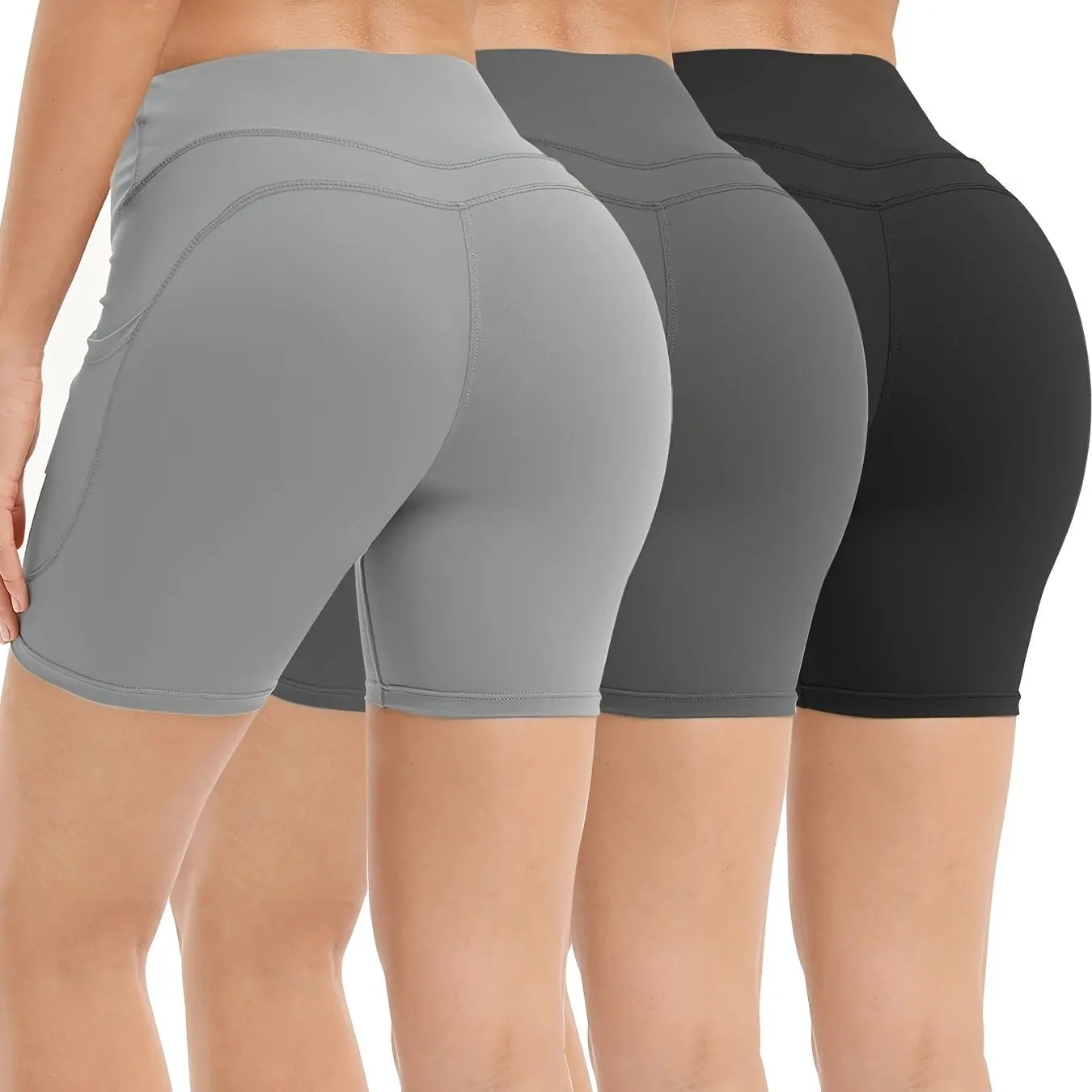 3Pcs High Waist Tummy Control Biker Shorts with Pockets - Stretchy, Moisture-Wicking Yoga & Gym Shorts for Women in Gray